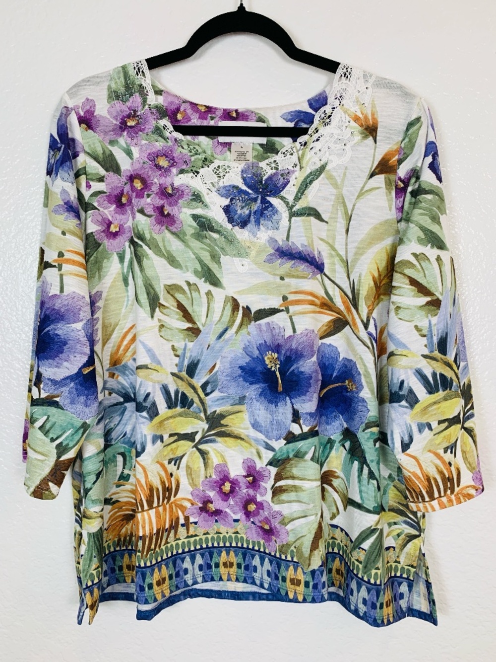 Alfred Dunner Womens Top Large Floral Tropical Blouse Cottagecore Grandma Lace
